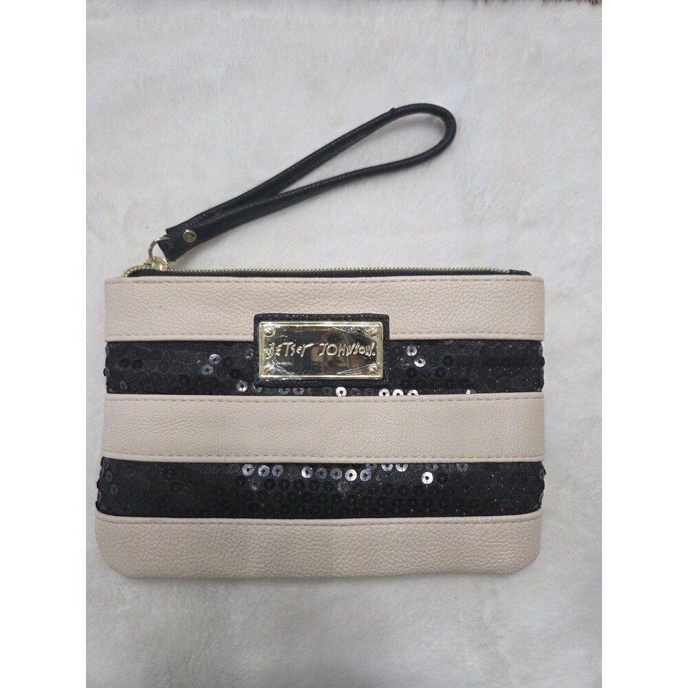 Betsey Johnson Black Sequin & Cream Stripe Wristlet Clutch Wallet Zip Pouch